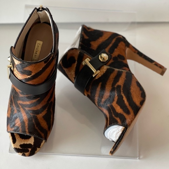 Women's Leopard Fur Ankle Bootie Stiletto Platform Pumps Heels Open Toe, Sz 6.5M - Picture 5 of 10